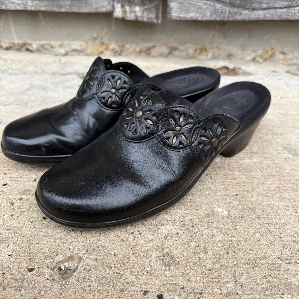 Clarks Black Leather Cutout Mules - Women's